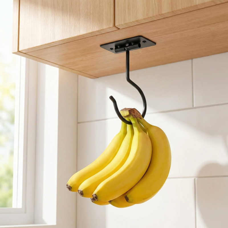 Food Storage In Cabinets - Gancho Adesivo de Metal Preto Dobrável